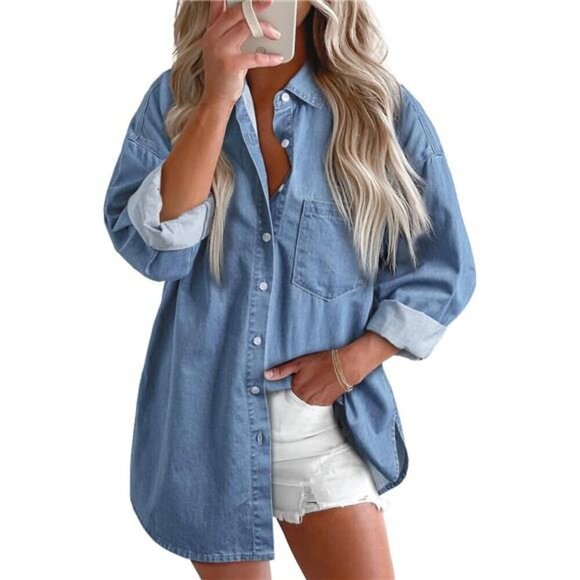 Women Denim Shirt Button Down Blouse Long Sleeve V Neck Casual Top - Picture 1 of 6